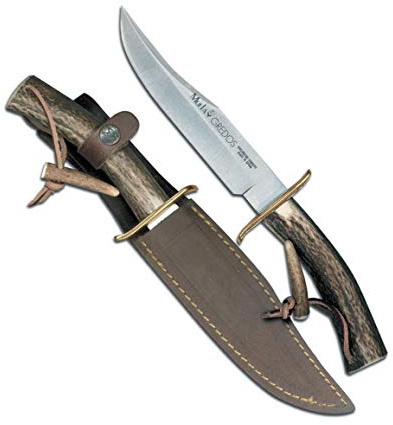 Muela Cuchillo de caza GRED-16 con hoja de acero inoxidable ACX-380 de 16 cm y empuñadura de madera de olivo para Caza, Pesca, Supervivencia y Bushcraft + Portabotellas de regalo