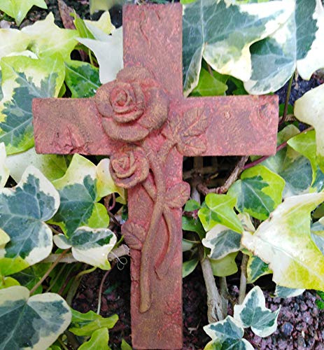 Radami Kreuz mit 3D Rosen Rost - Metall Optik Grabengel Gedenkstein Grabschmuck Grabdeko