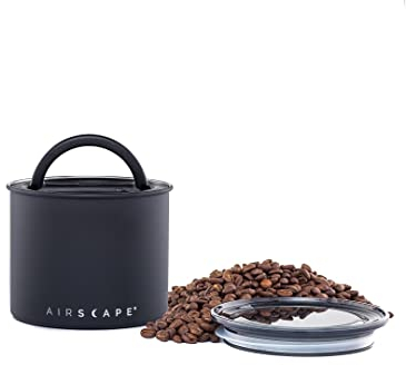Planetary Design Airscape Stainless Steel Coffee Canister | Food Storage Container | US patented Airtight Lid | Push Out Excess Air and Preserve Freshness (Small, Matte Black)