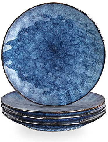 vicrays Dinner Plate Set of 4, 10.5 Inch (26.7 cm), Round, Microwave, Oven, Dishwasher Safe, Scratch Resistant, Porcelain Fluted Suitable for Steak, Pasta, Pizza, Home, Party, Restaurant (Blue)