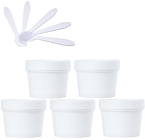 TIANZD 5 Stück 100 ml White Leere Dosen mit Deckel Cremedose Kunststoff Schraubdose Tiegel 100 g Leerdose Kosmetische Behälter Maskenschale Tiegel für Mask Mud Badesalz Creme Salbe, 5 Stück Spatel
