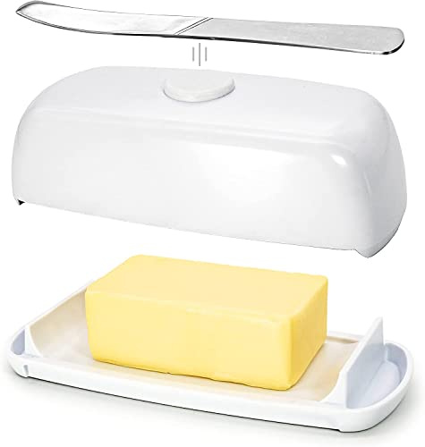 Butter Hub Extra Large Butter Dish with Lid and Knife, European Size Magnetic Butter Keeper, Easy Scoop, No Mess Lid, Plastic, Dishwasher Safe (White)