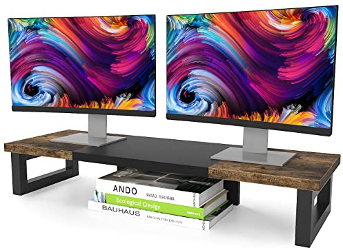 WESTREE Dual Monitor Stand Riser, Wood and Steel Multi-Purpose Desktop Storage Stand for 2 Monitors for Computer, Laptop, Printer, TV, Rustic Brown