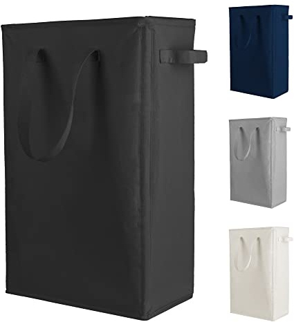 Odonata Slim Laundry Hamper Handles Collapsible Laundry Basket Thin Dirty Clothes Basket Narrow Laundry Bag Foldable Dirty Hamper 45L (Black)