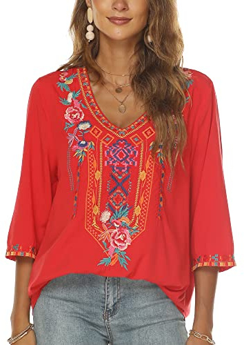 Grosy Tops Bordados Bohemios para Mujer, Ropa Hippie, Blusas campesinas mexicanas, Ropa Tradicional Bohemia, túnica, Rojo, X-Large