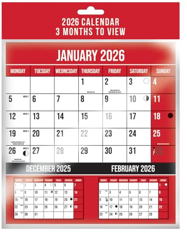 Shineone 2026 Calendar Three Months to View Spiral Bound Wall Planner Red and Black Calendar - for Home Business Office School 1 January 2026 to 31 December 2026