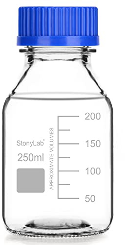stonylab Graduierte Aufbewahrungsflaschen mit GL45 Schraubverschluss, 250 ml Glas klare Runde Laborreagenzien Aufbewahrungsflaschen mit Blauem Schraubverschluss, 1 Pack
