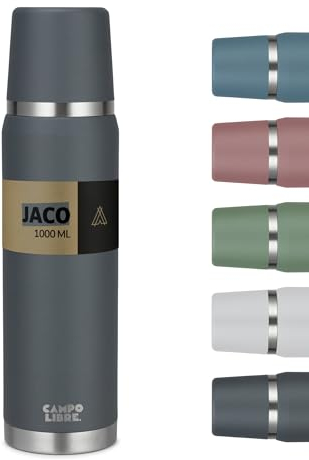 Campo Libre. Jaco® Thermoskanne 1L, 750ml, 500ml I Thermos mit Becher I Unsere Thermosflasche mind. 24h heiß I Isolierkanne mit Doppelwandisolierung ist zu 100% auslaufsicher & recycelter Edelstahl