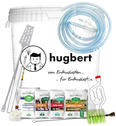 Weinset ALCOMAT-Box-L Weinhefe | Gärbehälter 15/17L | Gärröhrchen | Dichtgummi | Weinmessgerät | Wein-Gießset mit Klemme | Rührer| Kaliummetabisulfit | Flaschenbürste