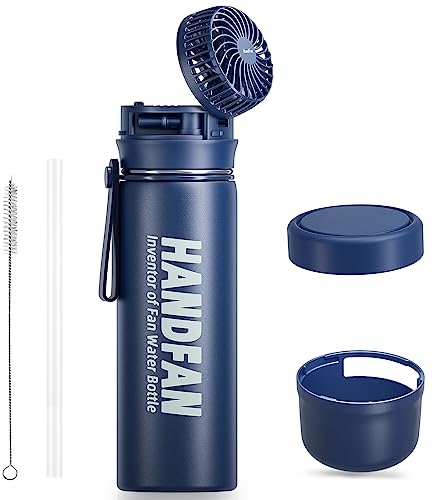 HandFan 24 oz Insulated Water Bottle with Fan, Stainless Steel Sports Water Bottles Flask with Straw/Handle, Personalized Hot & Cold Water Jug, Wide Mouth Travel Thermo Mug for Running Gym Bike