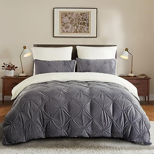 Lanqinglv Juego de funda de edredón 200x200cm de franela polar Sherpa para invierno, cálido y mullido, para 2 personas, color gris y blanco, reversible, con pin tuck, para niñas adolescentes, ropa de