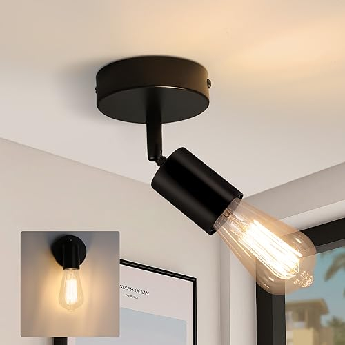 CBJKTX Lampada da soffitto E27 Nero - Spot da soffitto Industriale 1 fiamma Spot da parete Vintage Faretto moderno orientabile per cucina corridoi comodino soggiorno camera da letto