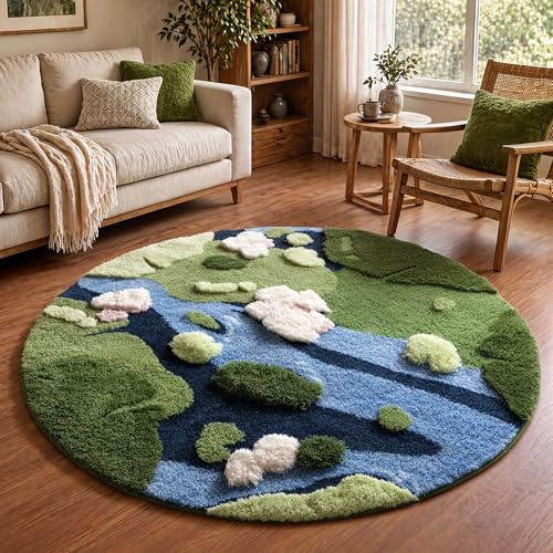 YIHOUSE 4ft Moss Round Area Rug 3D Cute Green Grass Rugs for Bedroom Machine Washable Non-Slip Boho Circle Rug Soft Fluffy Carpet for Living Room Bathroom Shower, Pond
