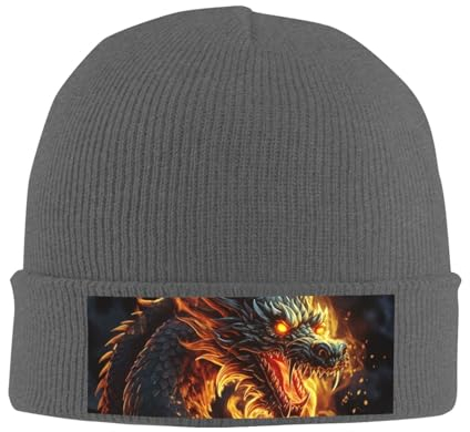 Strickmütze für Damen und Herren, weich, warm, Wintermütze, Totenkopfmütze, Herren, lässiger Beanie, Feuerwehr, chinesischer Drache, dunkelgrau (Deep Heather), Einheitsgr��e