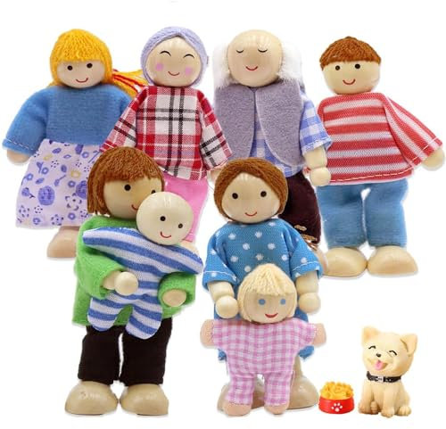 Ylinwtech 10 Stück Hölzerne Puppenhaus Puppen Familie Set,Puppenfamilie für Puppenhaus,Puppen für PuppenhausFamilie,Puppenhaus Figuren mit Katze und Hund,für Puppenhaus Zubehör Geschenk
