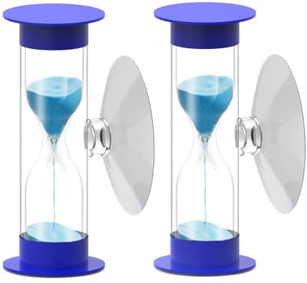 Sanduhr 5 Minuten mit Saugnapf – Set mit 2 kleinen, unzerbrechlichen Sanduhren, 5 Minuten Saugnapf, kleine blaue Sanduhr 5 Minuten, Kunststoff-Stundenglas-Sanduhr-Timer für Kinder, Spiele,
