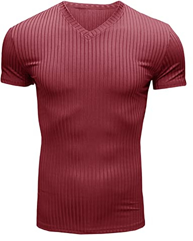 Herr v-ringad randig kortärmad casual muskel fitness sport t-shirt lätt fuktavledande smal t-shirt, rödvin, S