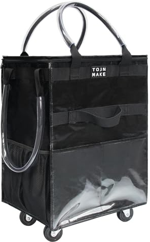 TOJNMAKE Reusable Grocery Bag with Wheels (Large, Black), Shopping Trolley with 8 Pockets and Zipper Cover Foldable Rolling Tote for Women, Kitchen, Travel, Carries Up to 66LBS