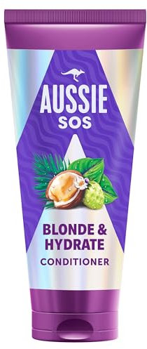 Aussie SOS Blonde & Hydrate Acondicionador 200ml Para Pelo Decolorado, Con Mechas Y Canas. Desenreda Y Suaviza Mientras Proporciona Hidratación Al Cabello Rubio Y Canoso Propenso A La Sequedad