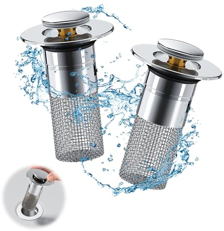 RISAKOGO 2-in-1 Waschbeckenstöpsel mit Abflusssieb, 2 STK, Silber, Universell für 33-35mm Abfluss, Haarsieb, Wasserhalt und Ablassmodus, Bad, Küche, Badewann