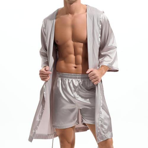 Amy Coulee Herren Sexy Satin Bademantel mit Shorts Set, mit Kapuze | Leicht, Dünn, Seidig, Silky, Morgenmantel, Bathrobe, Kimono, Sommer, Night, Sauna, Kapuze, Halbarm, Knielänge, Gürtel