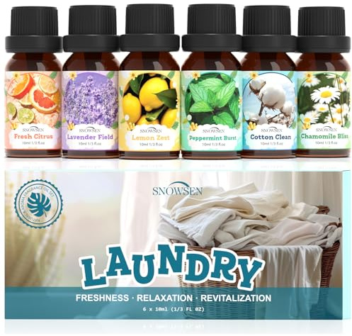 SNOWSEN Laundry Fragrance Oils, Clean Essential Oil Set for Diffuser, Wool Dryer Balls,Soap, Candle Making,Cotton Clean, Chamomile Bliss, Fresh Citrus, Lavender Field,Peppermint Burst, Lemon Zest