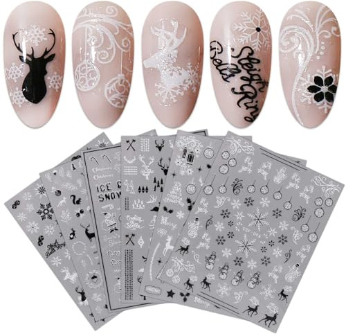 JMEOWIO Nagelsticker Weihnachten Glitzer 9 Blatt Nail Art Sticker Selbstklebend Nagelaufkleber Weiß Schwarz Dekoration Nageldesign Zubehör