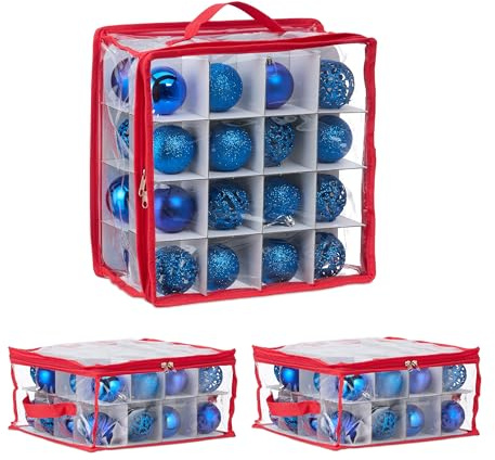 Relaxdays Weihnachtskugel Aufbewahrungsbox, 3er Set, transparent/rot | je 32 Fächer, HxBxT: 16 x 32 x 32 cm, Kugel Box