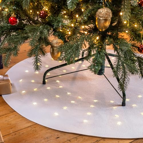 Christow Light Up Christmas Tree Mat, White | Soft Felt Tree Mat, 80 Warm White LEDs, Battery Operated with Timer, Fits Trees up to 7ft, 98cm Diameter