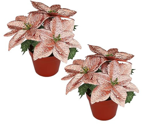 Sempoda Künstliche Weihnachtsstern-Blumen Im Topf, 2er-Pack Weihnachtssterne Im Topf, Künstliche Rote Weihnachtsstern-Pflanzen in Töpfen, Künstliche Glitzernde Weihnac (Roségold)