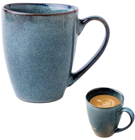 OUGPIU Large Coffee Cup,Porcelain Bowls,Ceramic Soup Bowl with Handle,Coffee Mug,Salad Bowls,Stylish Cappuccino Cups,Ramen Bowl,Retro Round Soup Bowl,Multifunctional Cereal Breakfast Cup (450ml Blue)