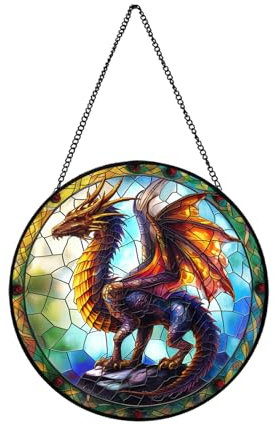 Xuoxeji Dragon Suncatcher Home Decor, 20cm/7.87in Dragon Stained Glass Window Hanging, Dragon Ornaments for Holiday Presents, Gift Exchange Ideas (Dragon)