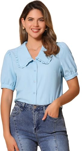 Allegra K Women's Peter Pan Collar Shirt Puff Short Sleeve Chambray Blouse Top Beau Blue M