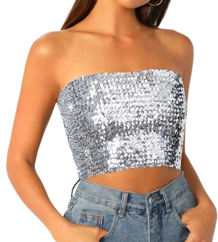 UILYNIU Top con Lentejuelas para Mujer, Plata Elástica Bandeau Top para Mujer, Tops de Lentejuelas para Mujeres (FR/ES, Letras, Talla única, Regular, Regular, Plata)