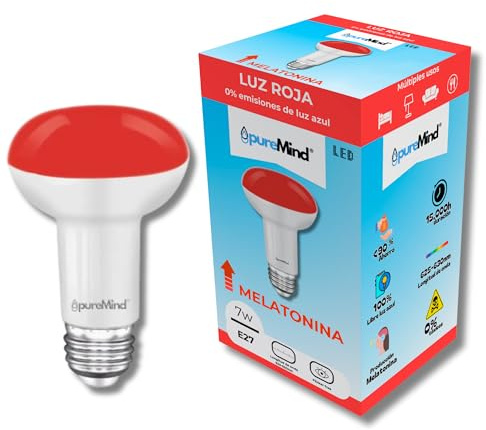 Puremind Nuit Rouge Anti Lumière Bleu E27 - Ampoule Rouge Lumière Mélatonine Anti-reflet Flicker Free pour mieux dormir