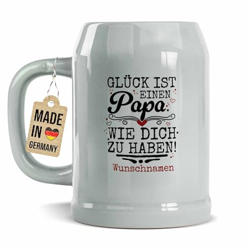 Tassendruck Bierkrug mit Name personalisieren - Glück ist einen Papa wie dich zu haben - Vatertagsgeschenk, Geschenk zum Geburtstag, Bier Geschenke, Keramik Grau, 500 ml