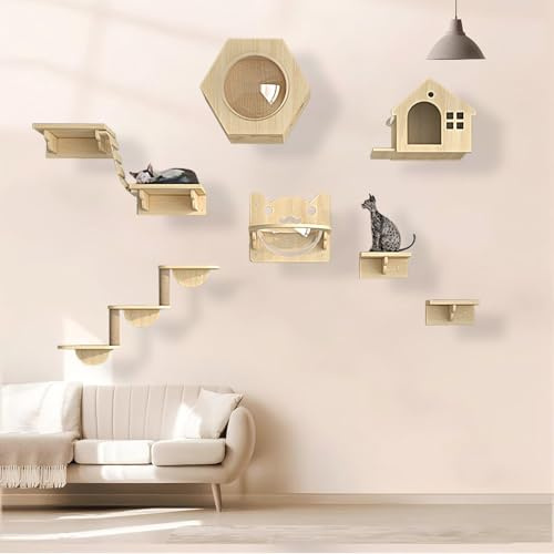 KEJIAWU Kletterwand Katzen Holz, Katzen Kletterwand, Katzenwandparkour, Katzen-Sprungplattform zum Spielen, Platzsparende DIY-Katzen-Kletterwand zum Klettern, Schlafen und Spielen(9PCS)