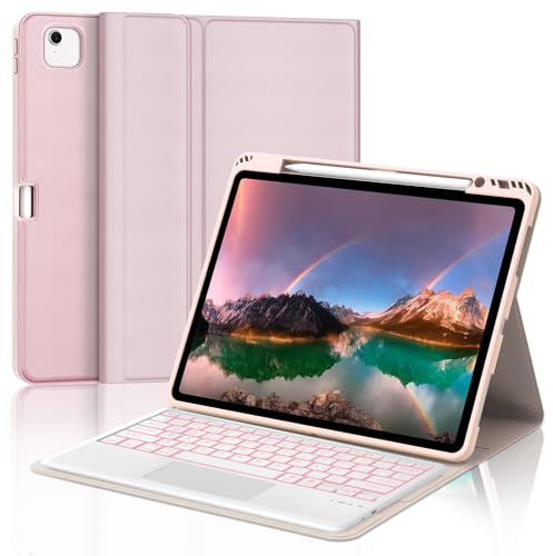 Teclado Trackpad para iPad Air 13 Pulgadas (M3 2025/M2 2024)/iPad Pro 12.9 Pulgadas (6ª /5ª /4ª /3ª Gen), Teclado Smart Touchpad Bluetooth Retroiluminado con Funda TPU Protectora Delgada, Rosa
