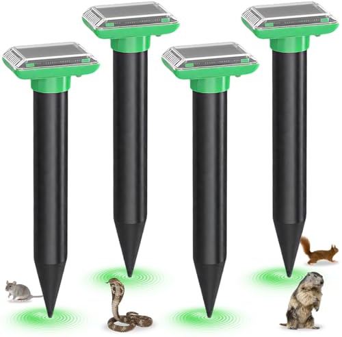 Lot de 4 répulsifs solaires Anti-Taupes, Répulsif à ultrasons, Fréquence Variable 400-1000 Hz, IP66 Imperméable, Dissuasif Efficace Repulsif Pigeon, Anti Souris Gopher, piège à Serpents