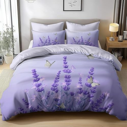 HATEGE Set Copripiumino Matrimoniale Lavanda Viola, Copripiumino Double Face Ragazza Biancheria da Letto in Microfibra, 3D Copripiumini 230x220 cm e 2 Federe 4966-ABC