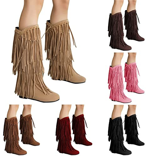 Stivali occidentali da donna con frange, stivali da donna in pelle semi-alta con frange, stivali invernali alla moda, comodi da donna, in tinta unita, con tacco, Nero , 40 EU