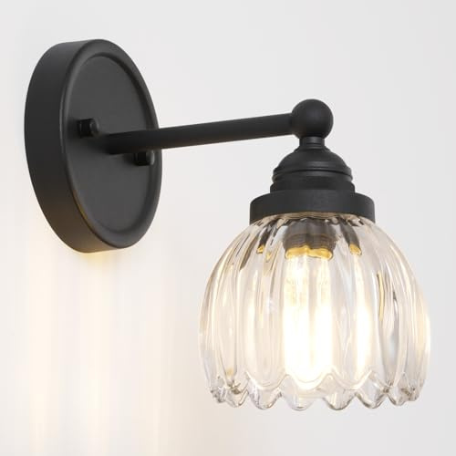 SongCiLT Industrial Wall Light Sconce with Clear Tulip Glass Lampshade | Vintage Metal Lampholder, Black Bathroom Wall Lamp Fixtures for Kitchen Living Room Bedroom Hotel, E27 Edison Screw Socket