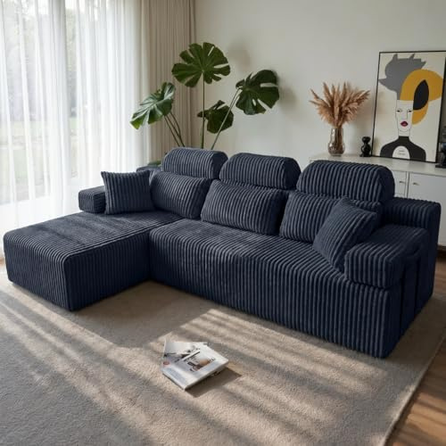 HOMRELEXA 276cm Modulares Ecksofa mit Hoher Rückenlehne, L-Form Schlafsofa aus Cordstoff, 3-Sitzer mit Ottomane Links oder rechts, Boneless Couch für Wohnzimmer, Freistehend, Keine Montage((tiefgrau)