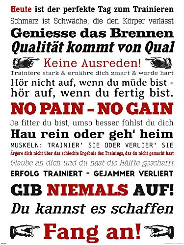 empireposter Motivational - GYM Training - Keine Ausreden! Weiß - Motivations Poster Plakat Druck - Größe 60x80 cm + 2 St Posterleisten Holz 61 cm