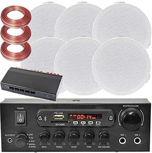 Kit Musique Plafond Bluetooth 3 Zones - Amplificateur Stéréo 110W & 6 Enceintes HiFi Low Profile Flush - Système Son Stéréo Sans Fil - Maison & Cuisine Multi Zoning Audio | Restaurant & Pub