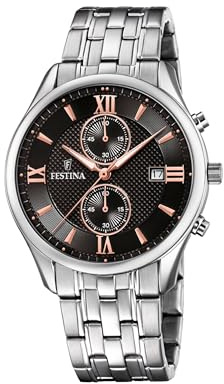 Festina Herrenuhr Analog aus Edelstahl 316l Silberfarben | Quarzwerk, Chronograph, Kalender, Widerstandsfähiges Mineralglas F6854/7 Timeless Chronograph