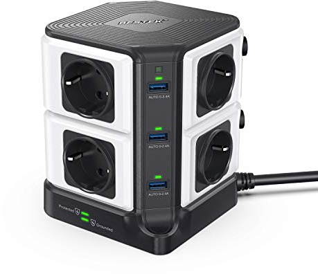 BESTEK Multipresa Ciabatta Elettrica con 8 Prese Schuko e 6 Porte USB, Multipresa Elettrica Verticale con Interruttori Indipendenti(1500J Surge Protezione, 3600W/16A, Cavo 3m)-Nero