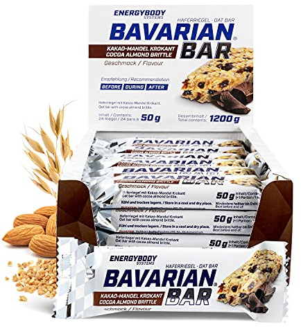 Energybody Bavarian Bar Haferriegel Kakao-Mandel-Krokant 24x50g | Energieriegel als Oatsnack, Powerriegel Flapjack als Sportnahrung, Kohlenhydrate Riegel