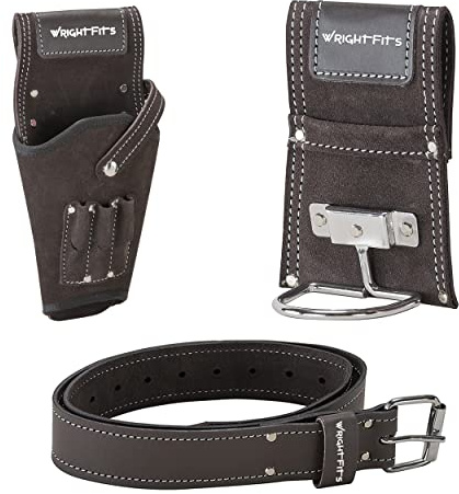 WrightFits Leather Drill Holster Pouch - Hammer Holder Tool Work Pouch Organiser With Supporting Belt (3 in 1) For Builders, Carpenters, Gardeners, Electricians