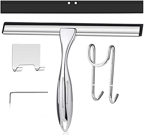 Abzieher Dusche, Duschabzieher Fensterwischer Duschwischer Edelstahl mit S Haken und Klebehaken Wandaufhänger, Silikon Ersatzlippe Wischlippe für Badezimmer, Spiegel, Autoscheiben (Size : 12inch)
